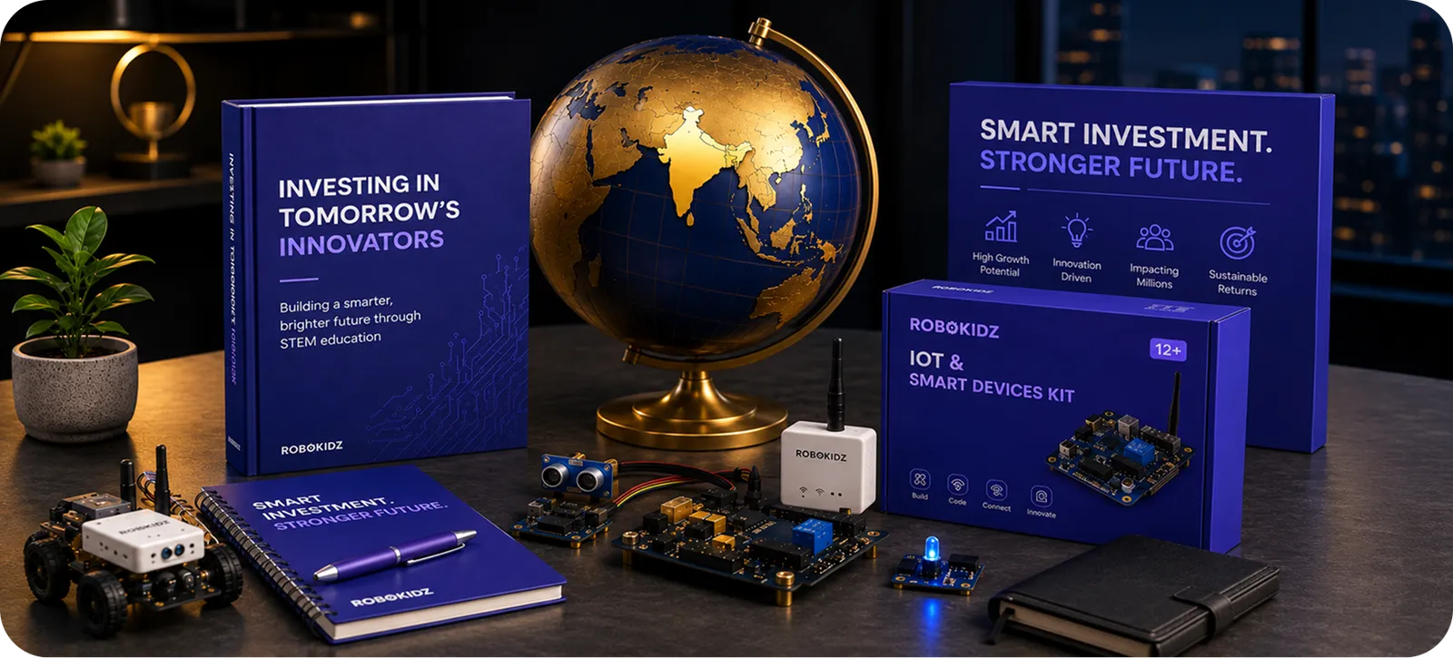 Investor hero — Robokidz products and globe